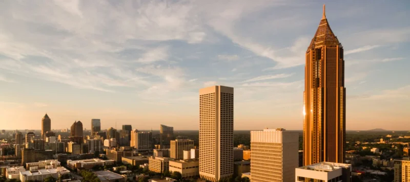 Atlanta skyline at sunset, featuring tall modern skyscrapers, including a distinctive pointed building, under a partly cloudy sky.