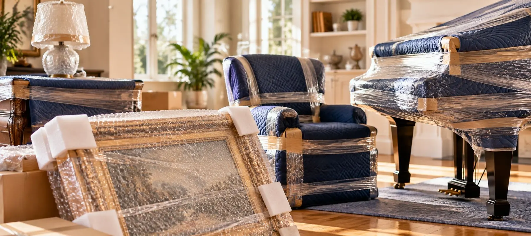 A living room with furniture, including a piano and chair, wrapped in protective plastic and bubble wrap, with moving boxes nearby. Sunlight streams through large windows onto the hardwood floor.