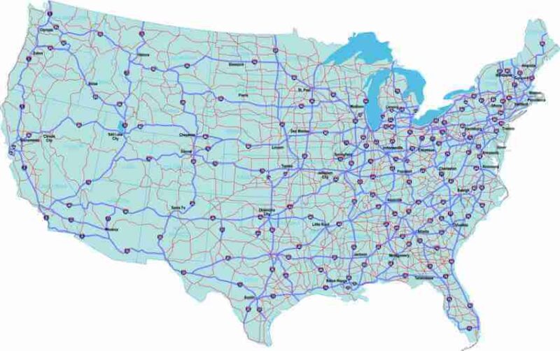 Map of the United States showing the national Interstate Highway System, with major highways and interstates marked in blue and labeled with route numbers, spanning across the entire country.