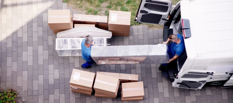 Two people in blue uniforms move a large wrapped object from a van onto a paved driveway, surrounded by cardboard boxes and other wrapped items, viewed from above.