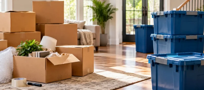A bright living room with packed cardboard boxes, blue plastic bins, and a houseplant, ready for moving. Sunlight streams in through large windows onto a rug and wooden floors.
