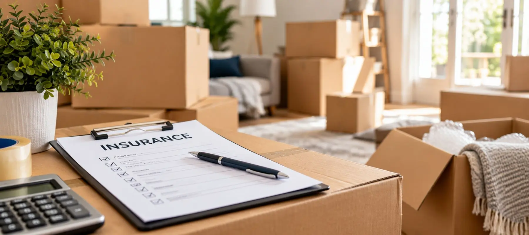 A clipboard with an insurance form and pen sits on a cardboard box surrounded by other moving boxes in a bright, furnished living room.