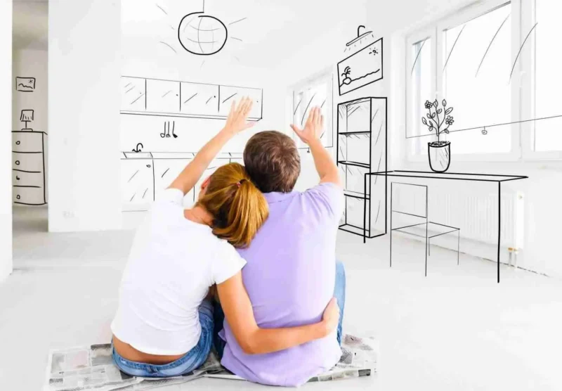A couple sits on the floor, embracing, looking at a white room with hand-drawn sketches on the walls depicting planned furniture and decor, imagining their future home together.