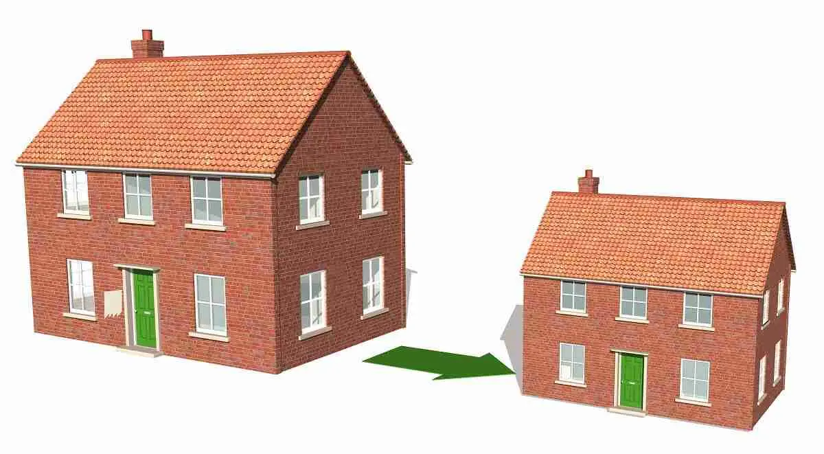 Two brick houses with red roofs and green doors; a large house on the left and a smaller, similar house on the right, connected by a green arrow pointing from the large house to the smaller one.
