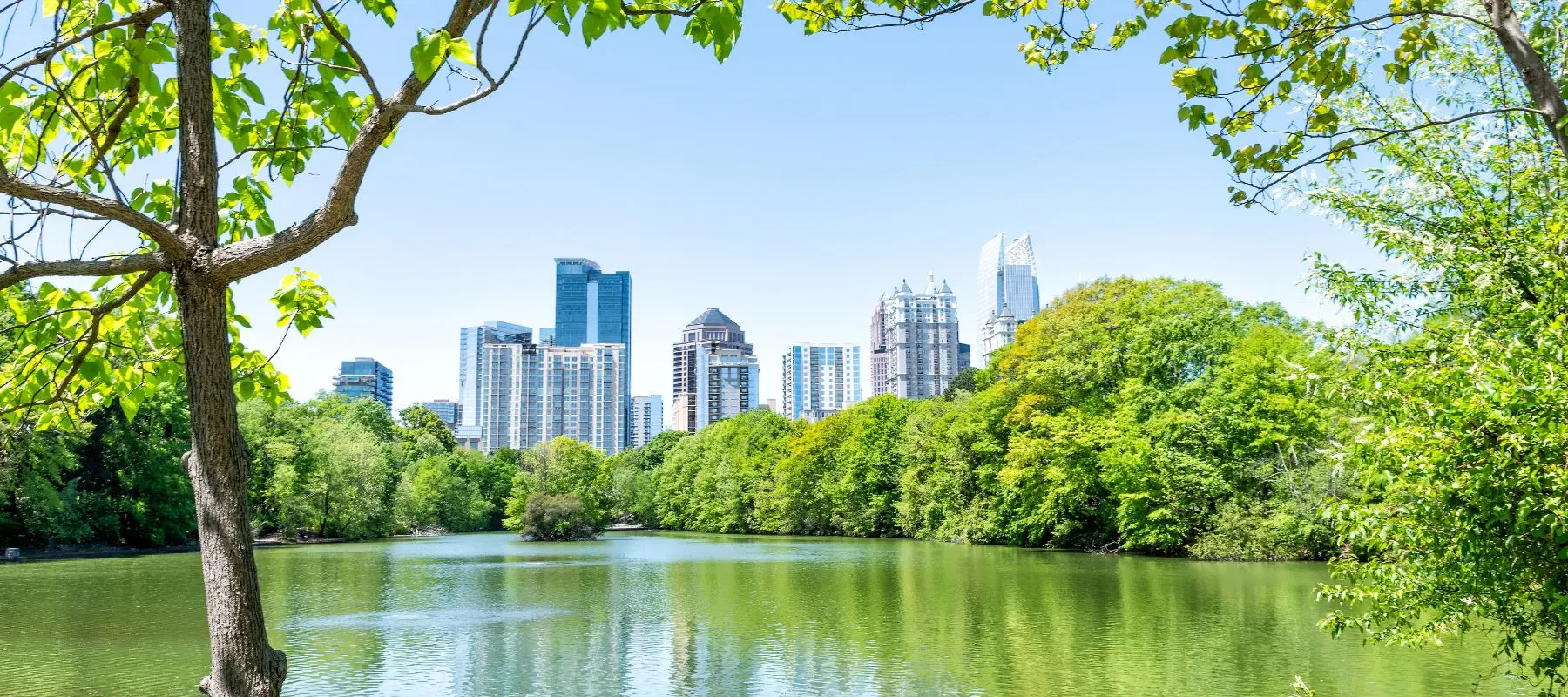 A city skyline with tall buildings is seen in the background, while a calm lake surrounded by lush green trees fills the foreground under a clear blue sky.