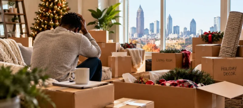 A person sits with their head in their hands among moving boxes and holiday decorations in a living room, with a city skyline visible through large windows.