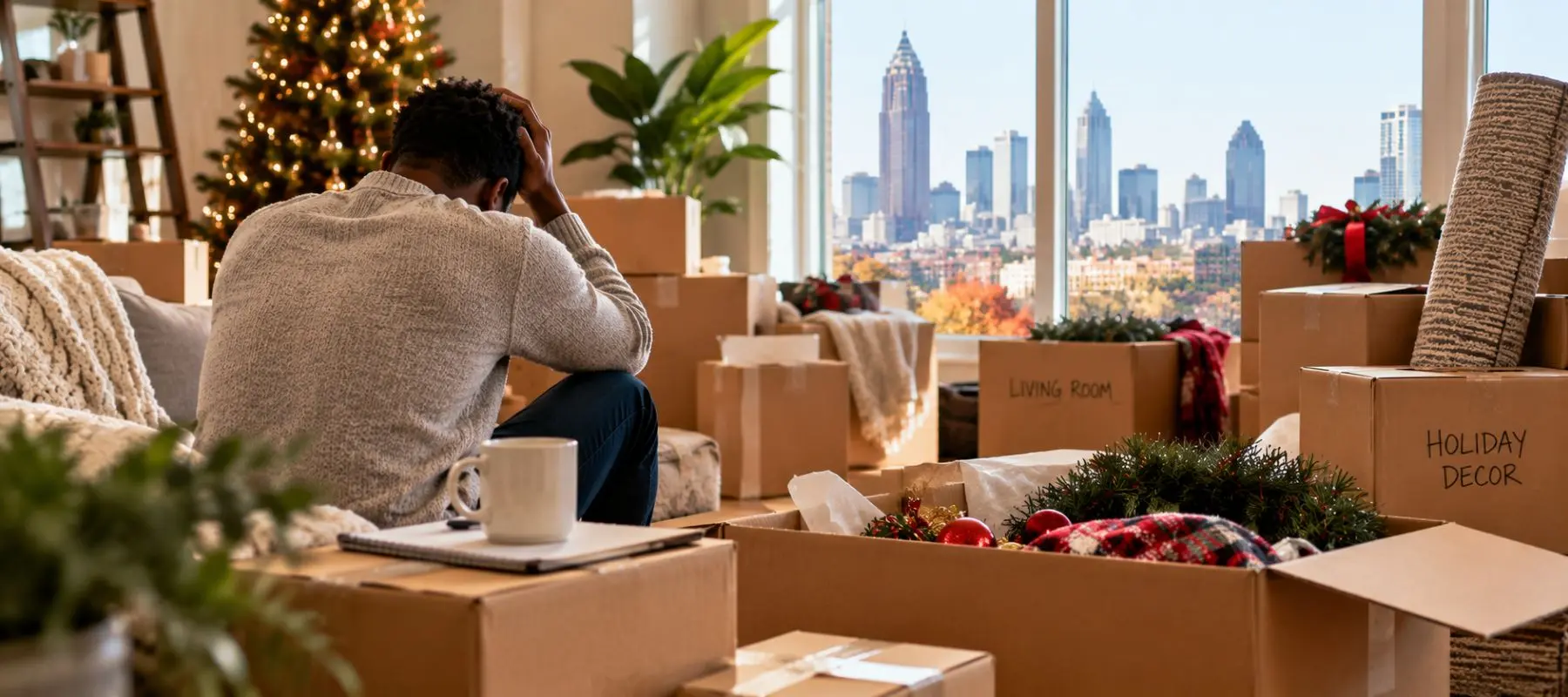 A person sits with their head in their hands among moving boxes and holiday decorations in a living room, with a city skyline visible through large windows.