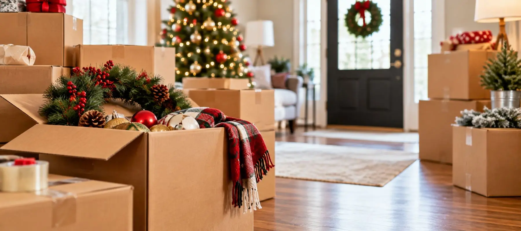 Cardboard boxes decorated with holiday wreaths and ornaments are stacked in a living room with a Christmas tree and a front door adorned with a wreath, suggesting a holiday move or festive preparations.