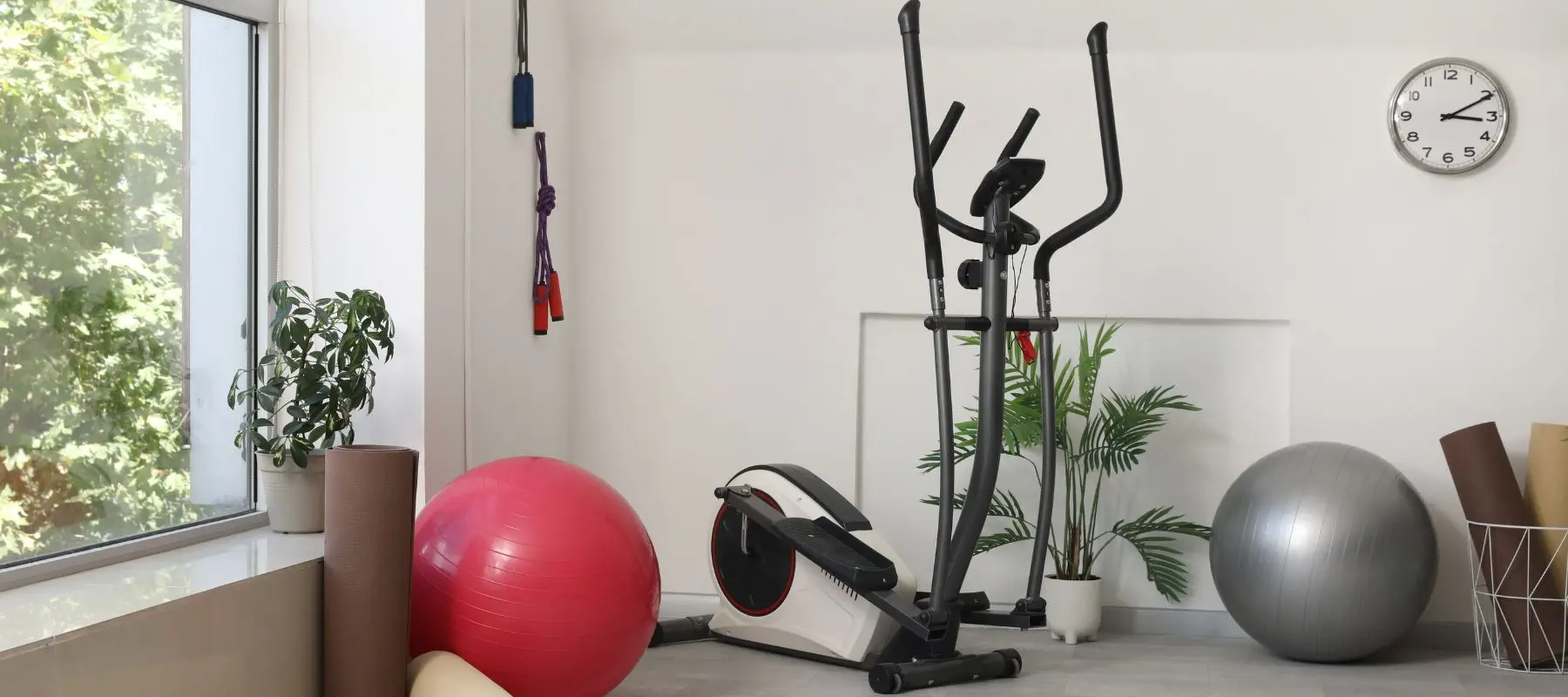 A home gym with an elliptical machine, a pink and a gray exercise ball, yoga mats, potted plants, jump ropes on the wall, and a clock showing 10:10. Sunlight streams through a window.