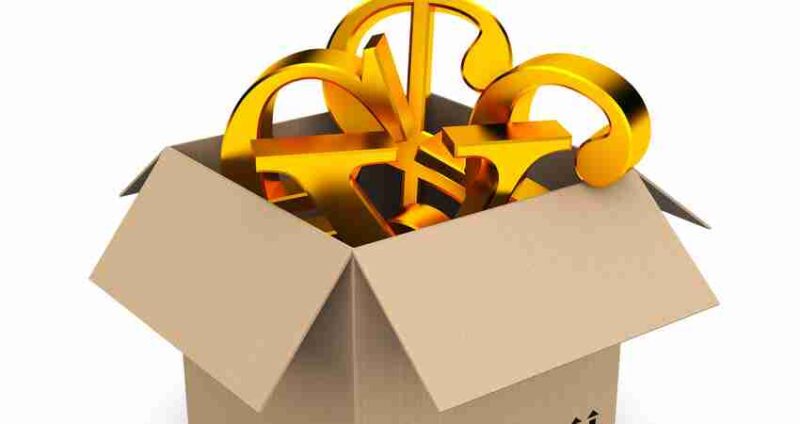 A cardboard box filled with large, shiny gold question marks, symbolizing curiosity or uncertainty.