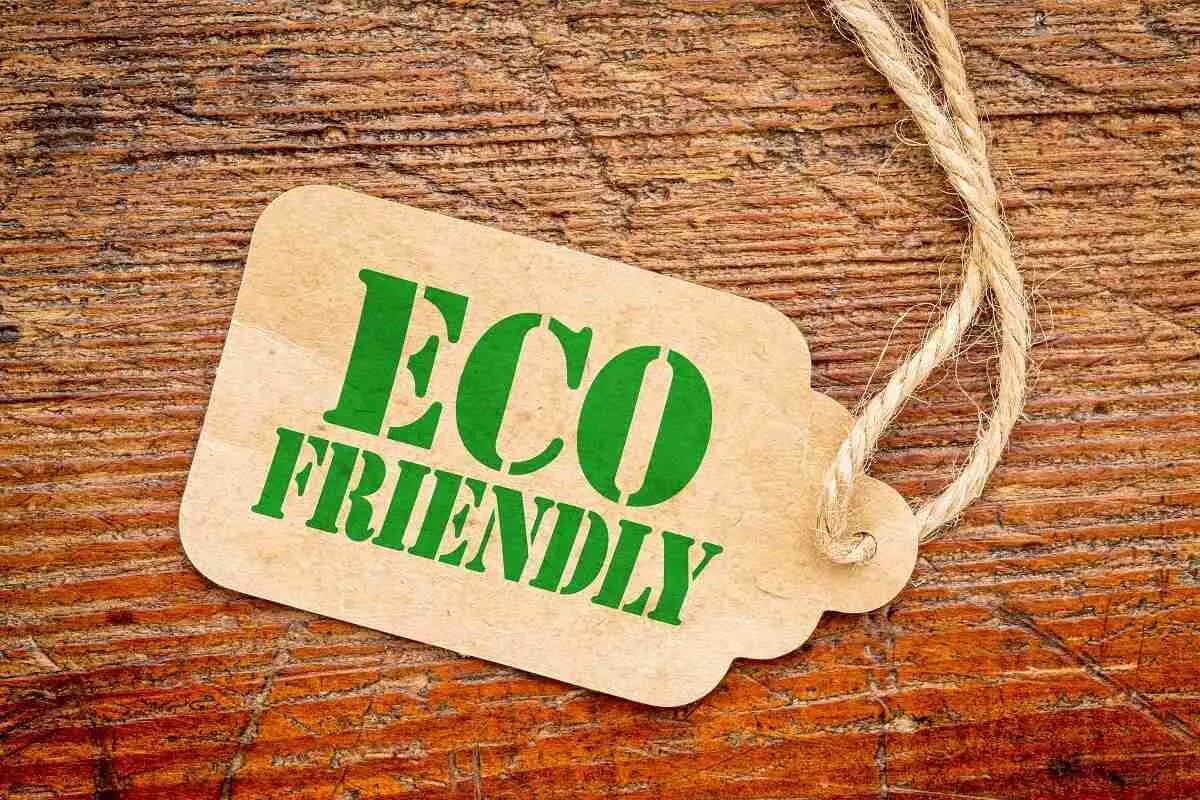 A brown paper tag with ECO FRIENDLY in green letters lies on a wooden surface, attached by a piece of string.