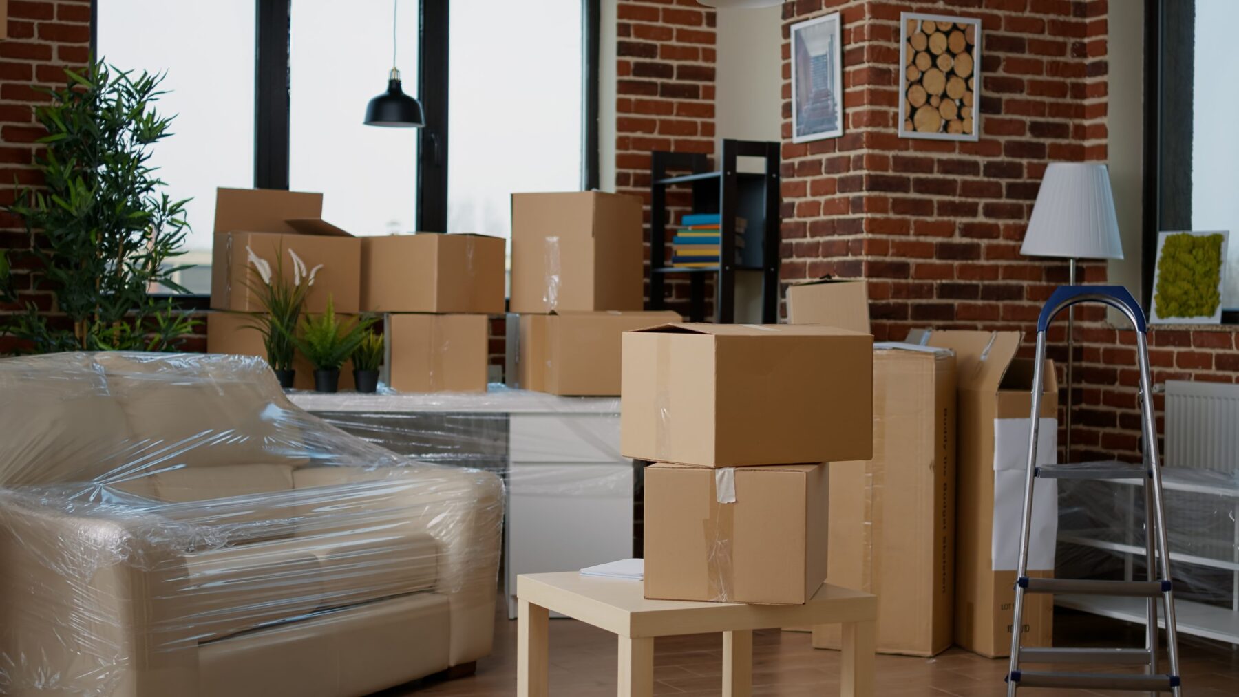 A living room with a couch wrapped in plastic, several cardboard boxes stacked around, a table, plants, a step ladder, and exposed brick walls, suggesting a recent move or preparations for moving.