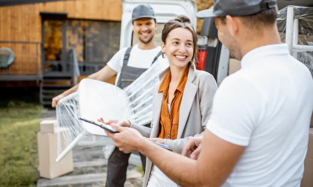 A woman smiles while holding a clipboard, talking to a man in a cap. Another man stands nearby by a moving van with wrapped furniture and cardboard boxes outside a house.