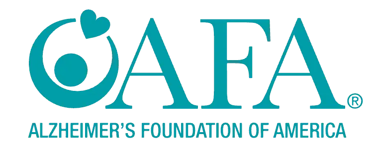 A teal logo with a heart and swirl design, the large letters AFA, and the text ALZHEIMERS FOUNDATION OF AMERICA below.
