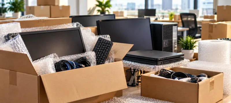 Open cardboard boxes with computer monitors, keyboards, cables, and office supplies, surrounded by bubble wrap in a modern office setting, indicating a move or setup.