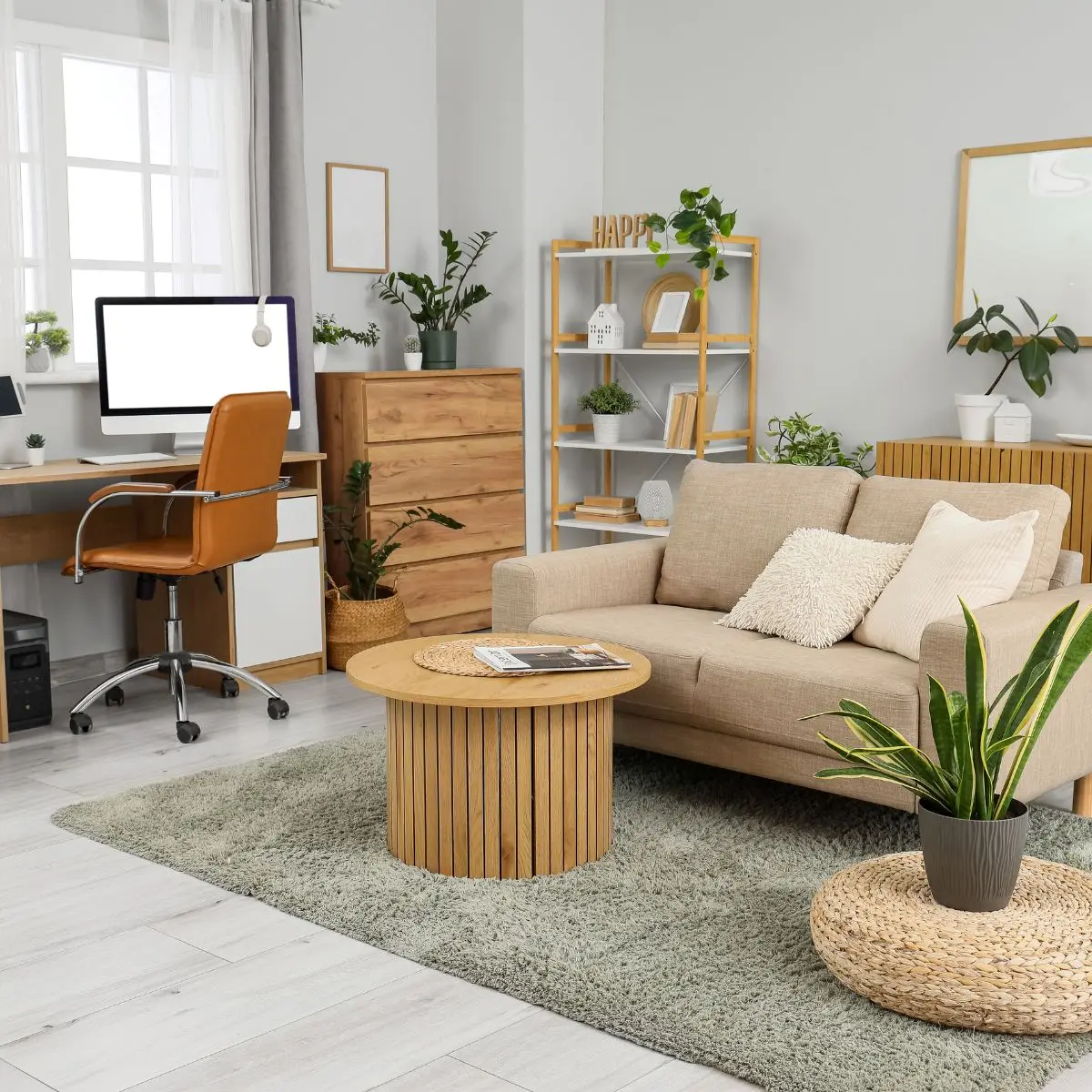 Modern living room with beige sofa, round wooden coffee table, green rug, plants, shelves, a desk with a computer and brown chair, and natural light from a window. Cozy and organized workspace and relaxation area.