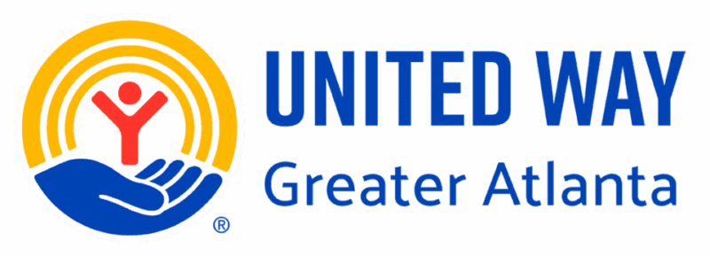 United Way Greater Atlanta logo featuring a stylized hand holding a red person with yellow arcs above, alongside the text United Way Greater Atlanta in blue.