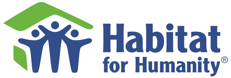 Habitat for Humanity logo with three blue human figures under a green roof, next to the text Habitat for Humanity in blue letters.