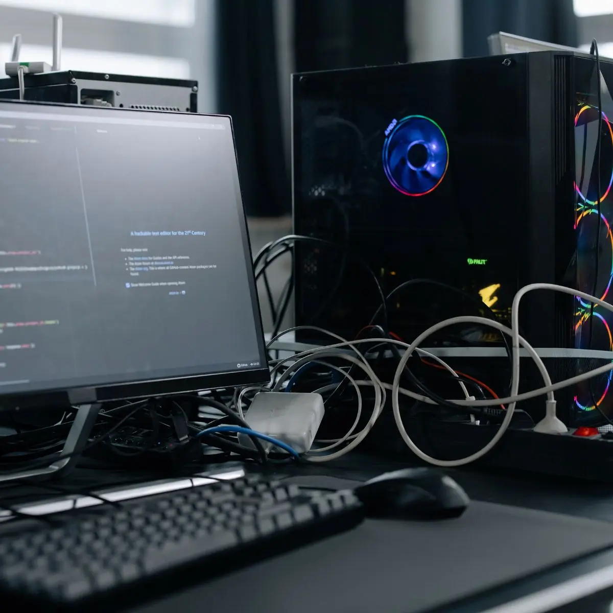 A desktop computer with colorful fans is connected to a monitor displaying code. A keyboard, mouse, and tangled cables are on the dark desk, creating a busy workspace in a well-lit room.