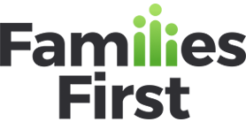 Families First logo with Families in black text, the two is represented by three green dots and lines, and First below in black. The dots resemble people, symbolizing family or community.