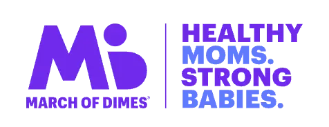 March of Dimes logo in purple next to the words Healthy Moms. Strong Babies. in all caps, with moms in light blue and the rest in purple on a white background.