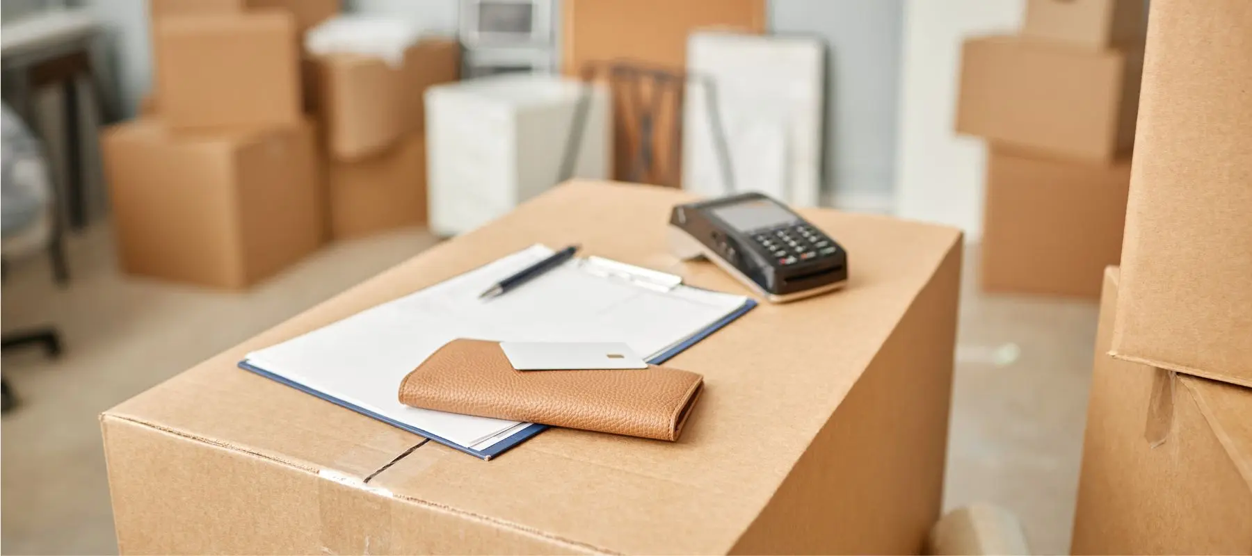 A clipboard with paper, a pen, a wallet holding a credit card, and a card reader sit on a large cardboard box, surrounded by more packed boxes in a room, suggesting a moving or shipping process.