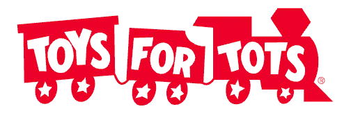 Red toy train with the words TOYS FOR TOTS on its cars; each wheel has a white star.