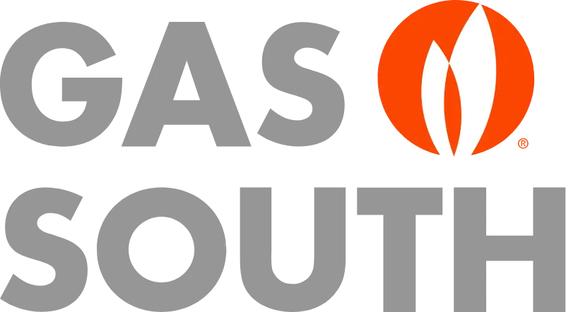 Gas South logo featuring grey text and an orange circle with white flame-like shapes.